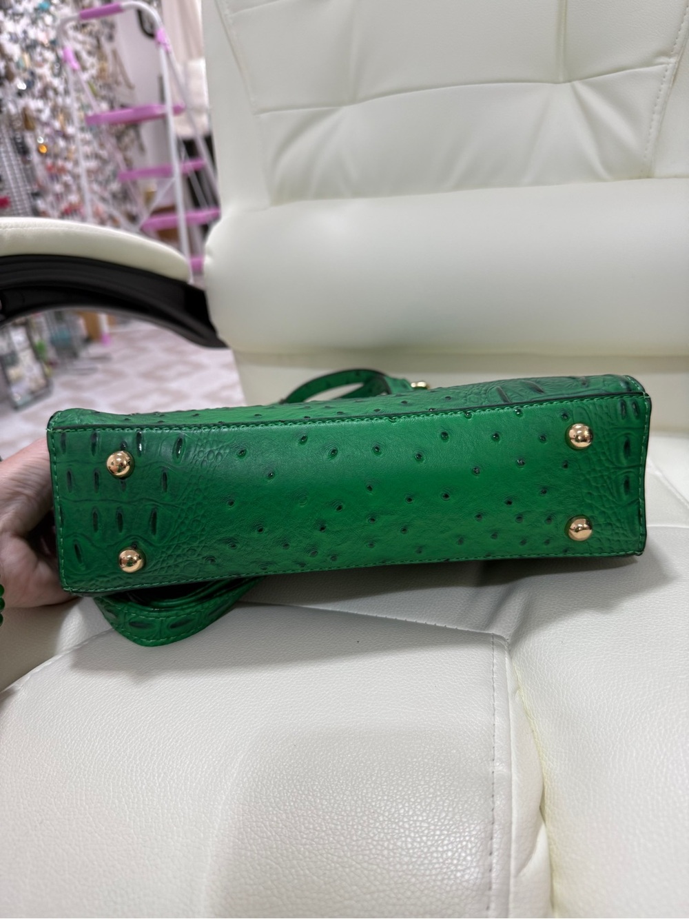 Structured Green Faux-Ostrich Satchel 2 way with bonus wallet brand new - Picture 8 of 12